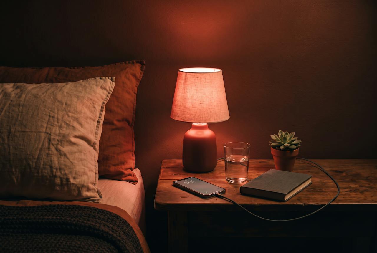 Nachttisch mit Handy, Wasserglas, Buch und warmem Lampenlicht